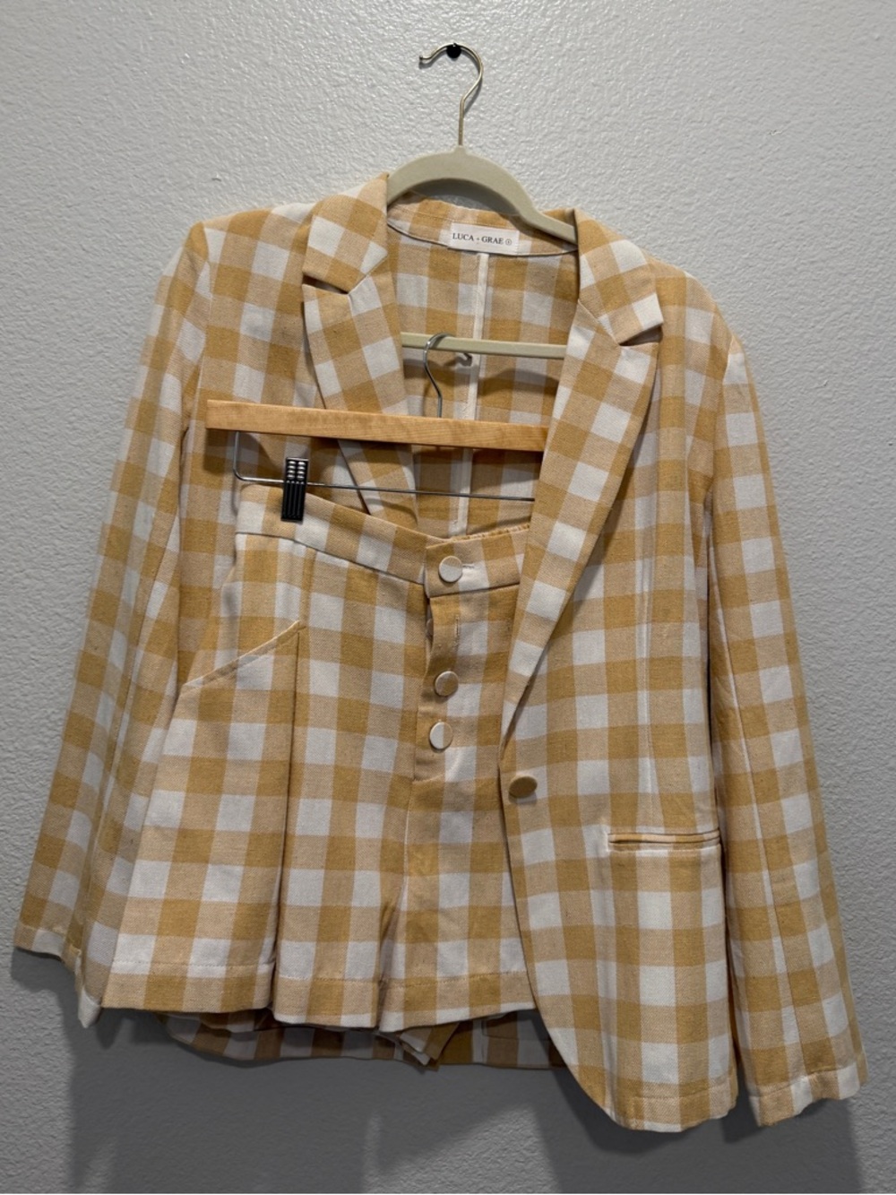 Cream & Mustard Checkered Blazer Set